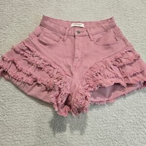 Vibrant Miu Pink Denim Shorts Layered Fringe High waist Sz S Coastal Cowgirl